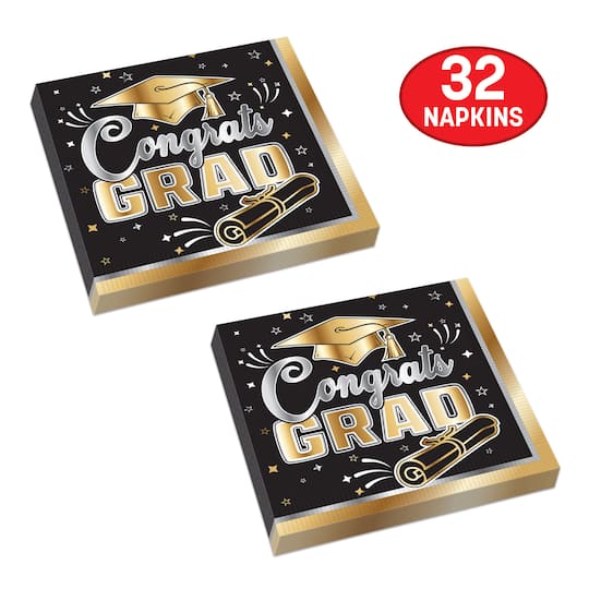 Beistle 6.5" x 6.5" Black & Gold Graduation 2-Ply Luncheon Napkins, 32ct.